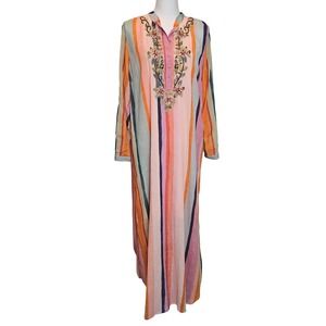 Soft‎ Surroundings Multi Stripe Aruba Caftan Beaded Beach Maxi Dress Medium